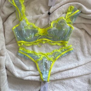 For Love & Lemons Neon Yellow and Light Blue Sheer Lace Bra & Thong Set
